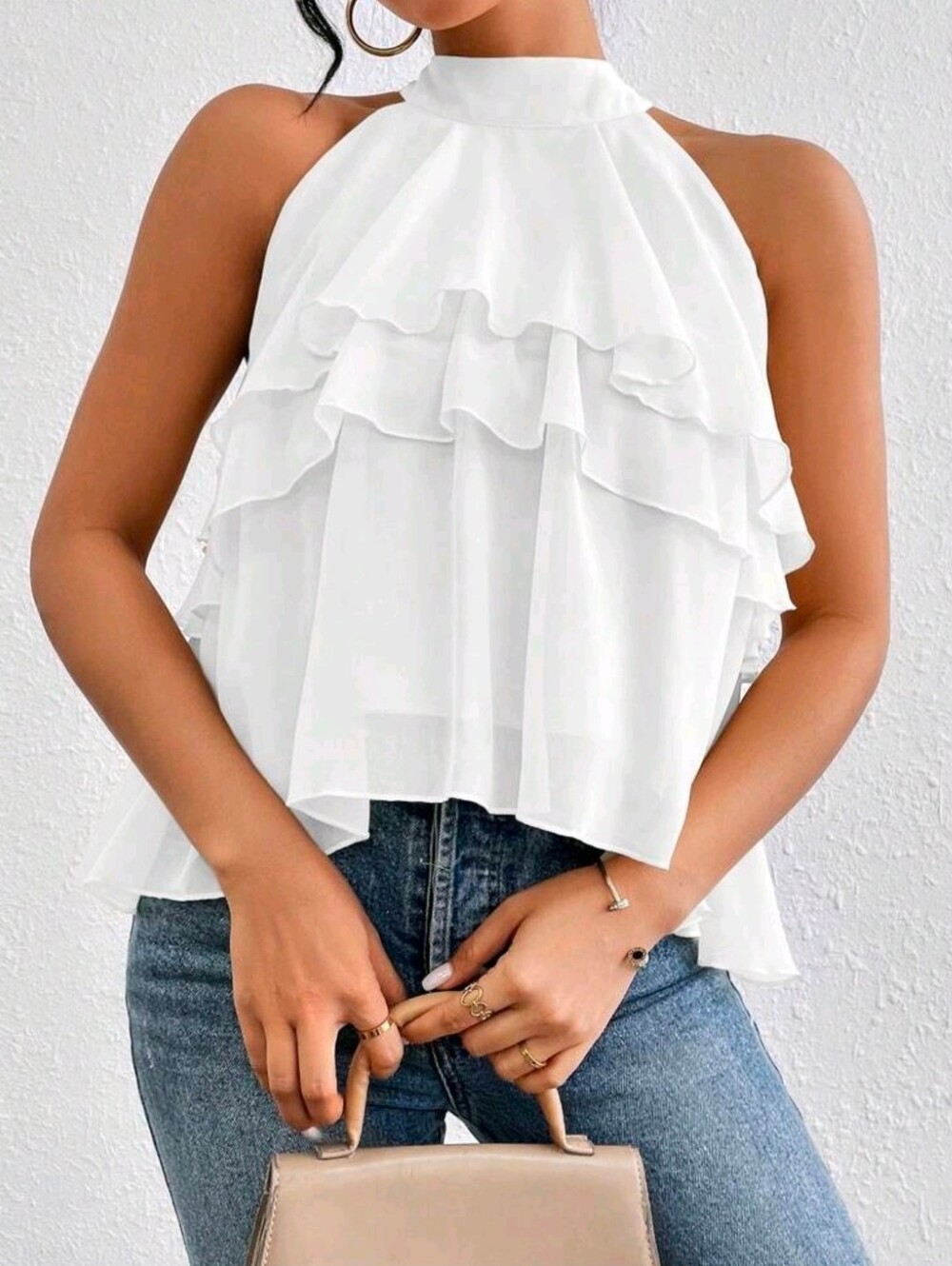 New Flirty Layered Sheer Ruffle Halter Top Blouse White